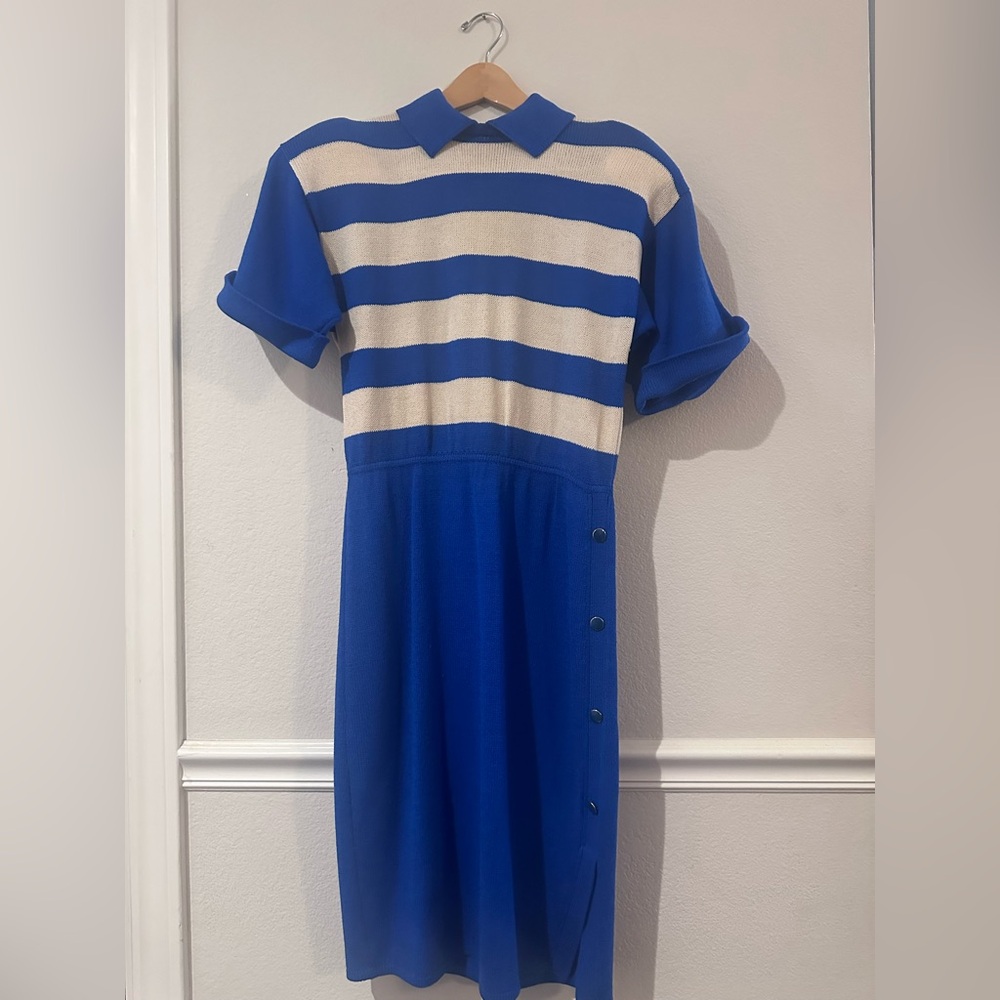 Vintage St. John Collection by Marie Gray Blue and White Striped Knit Midi Dress